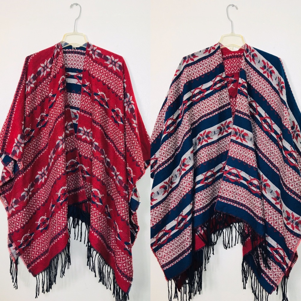 Reversible Lebanese Cape Poncho Boho Fringe Wrap Shawl Red Blue Cozy one size - Picture 3 of 10